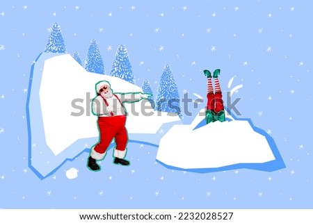 Creative collage picture of aged santa laughing point finger elf assistant dive stick snow isolated on drawing background