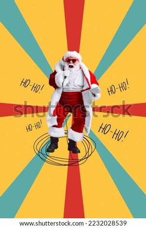 Christmas postcard collage of funny funky santa claus new year celebrity sing mic jolly carols on colorful background
