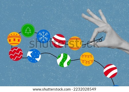 Christmas banner collage of people hand hold festive tinsels hang wall x mas tree prepare event on blue color background