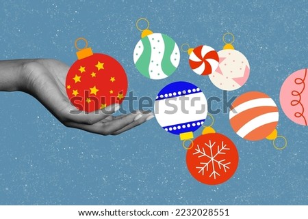 Christmas poster collage of magic tree toys balls fly in air to people hand prepare x mas event on blue color background