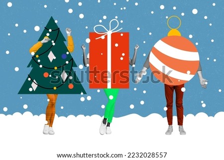 Xmas creative collage of three people wear theme costume character evergreen christmas tree ball gift package on snowy background