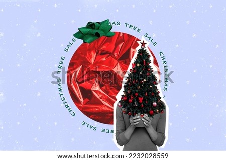 Creative collage image of black white gamma girl hands hold little christmas tree decoration sale advert isolated on painted background