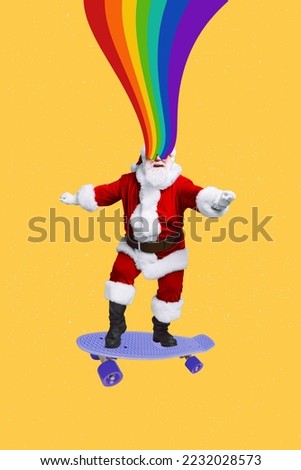 New year brochure collage of funny santa claus have fun with rainbow colors ride fast skate board on yellow background