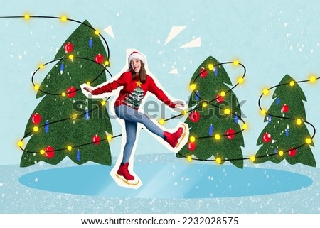 Collage photo poster of young excited dancing girl wear red ugly sweater enjoy ice rink skating xmas tree with garland isolated over blue background