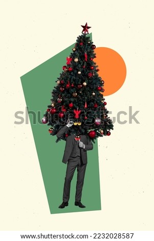 Collage photo picture of headless mister big christmas tree with baubles winter preparation holidays isolated on white color background
