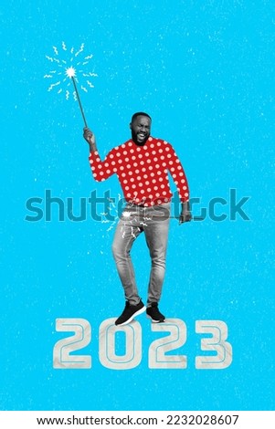 Collage photo of funky youngster guy hold fireworks wear red painted dotter sweater banner invitation new year party isolated on blue background