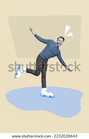 Collage photo of young overjoyed professional figure skater frosty weather oudoors enjoy carefree xmas time spending isolated on grey background