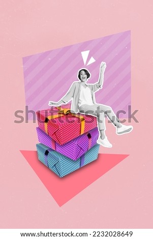 Collage photo of young lady sitting stack gifts enjoy big sale xmas season proposition cheap order online shopping isolated on pink color background