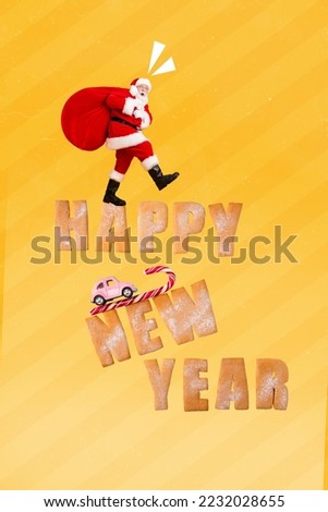 Collage picture of old funny excited grandfather santa claus wear red costume bring big bag with gifts happy new year isolated on yellow background