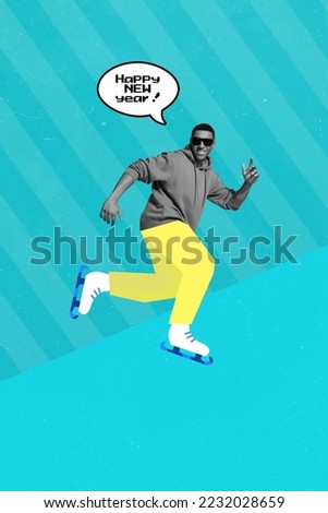 Collage picture of funny cool guy wear sunglasses ice skating rollerblades greetings happy new year brochure isolated on blue color background