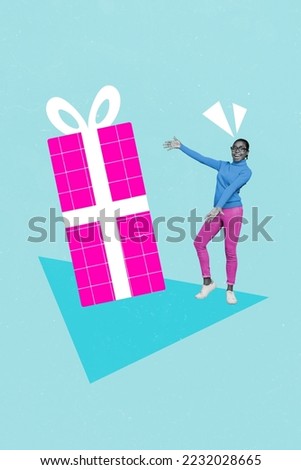 Collage photo of young excited student lady promoter hands showing new big package with promo offer big purple gift isolated on blue color background