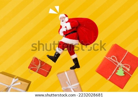 Collage photo picture of funny old saint nicholas man bring huge gift sack christmas commerce shopping promo isolated on yellow color background Royalty-Free Stock Photo #2232028681