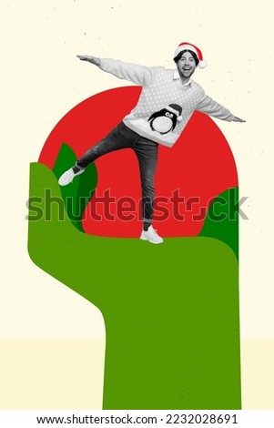 Collage photo picture of young excited santa claus helper student man wear ugly penguin print sweater play wings arms isolated on white background