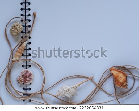 Seashell frame and brown rope on white notebook for copy space