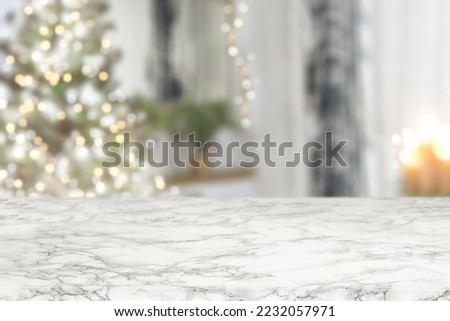 White marble desk of free space and christmas home interior. 