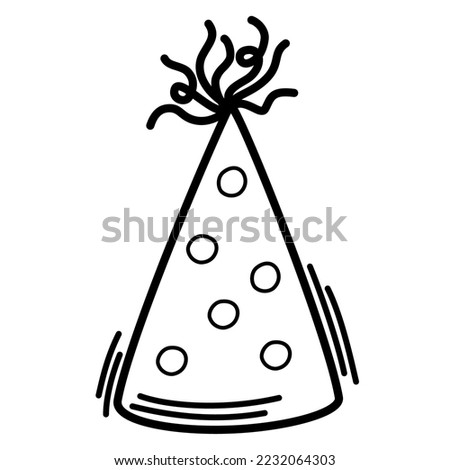 Birthday hat. Line art symbol for web printing and applications. Vector illustration in doodle style hand-drawn isolated on the white background.