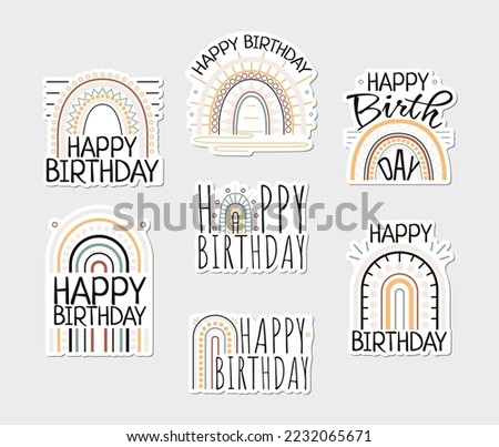 Set of Happy Birthday stickers with rainbow and signs