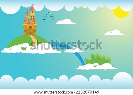Cartoon vector illustration of a castle with an island above a fairytale cloud.