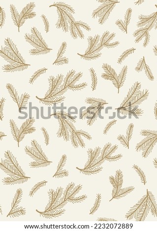 Vector Seamless Pattern With Golden Christmas Tree Branches On Off White Background. Hand Drawn Simple Style Wallpaper. Ideal for Textile, Fabric Prints, Wrapping Paper.
