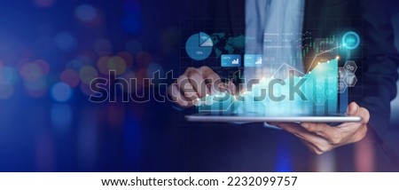 Business analysis big data sciences and economic growth with financial graph. Concept of virtual dashboard technology digital marketing and global economy investment network. 3D illustration banner. Royalty-Free Stock Photo #2232099757