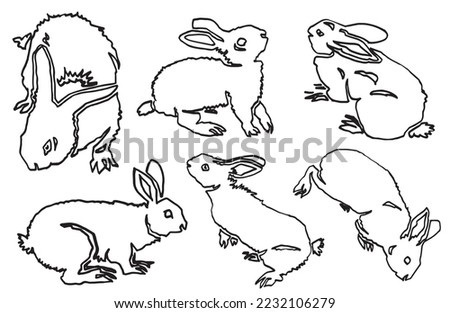 Graphical set of sketches of rabbits, doodle illustration bunny isolated on white. Bunny for coloring ,design