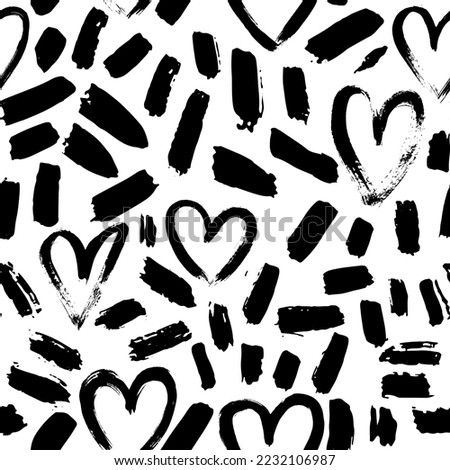 Dry Brush Strokes and Hearts Seamless Pattern. Hand Drawn Artwork Abstract Vector Background