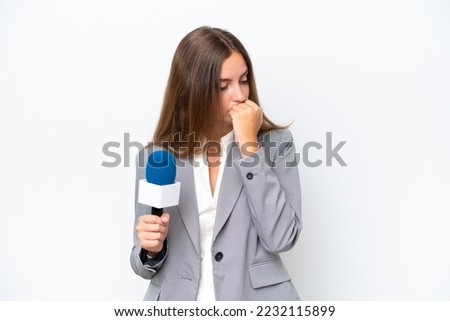 Young TV presenter caucasian woman isolated on white background having doubts