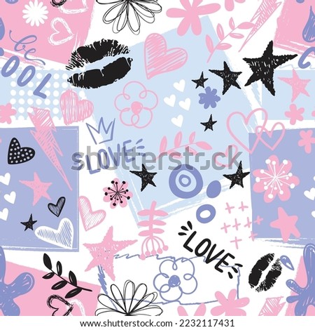 Girls seamless pattern with calligraphic slogan, hearts, words  . background for texylie, graphic tees, kids wear. Wallpaper for teenager girls. Fashion style Royalty-Free Stock Photo #2232117431