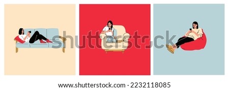 Women sitting on sofa pouf holds smartphone in her hand. Casual lady and browsing social media on mobile device. Girls on couch uses phone for chatting and surfing internet Royalty-Free Stock Photo #2232118085