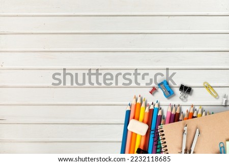 School stationery supplies on office desk