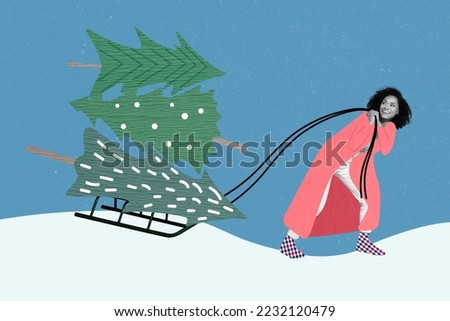 New year banner collage of happy lady prepare christmas midnight eve carry evergreen tree on snowy background