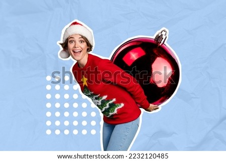 Christmas brochure collage of funky lady wear santa claus headwear carry bid tree toy ball prepare new year festive event
