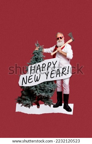 New year banner collage of festive mature guy hold fir tree prepare for family christmas event on red color background