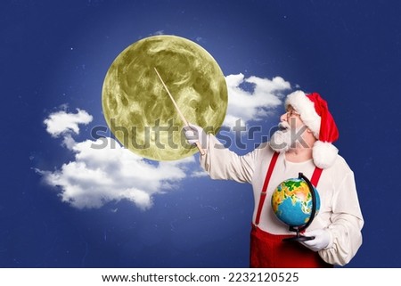Christmas poster collage of senior santa claus teach where deliver new year gifts night eve point drawing background