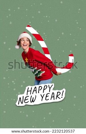 New year postcard collage of funny lady hold sugar candy cane happy christmas season sales on green color background