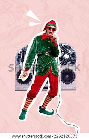 Christmas invitation postcard collage for new year festive theme party funny funky elf sing in microphone boom box