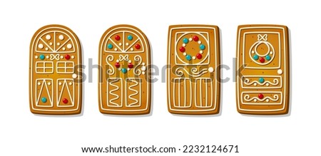 Christmas gingerbread cookies in cartoon style isolated on white background. Sweet biscuits in shape of festive doors with wreath. Traditional baked cakes and crackers. Cute Vector illustration Royalty-Free Stock Photo #2232124671