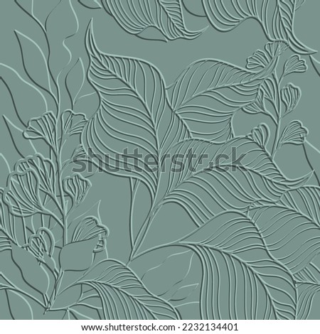 Leafy green 3d lines seamless pattern. Tropical floral background. Repeat textured green vector backdrop. Surface emboss leaves. 3d ornament with embossing effect. Leafy embossed endless leaf texture. Royalty-Free Stock Photo #2232134401