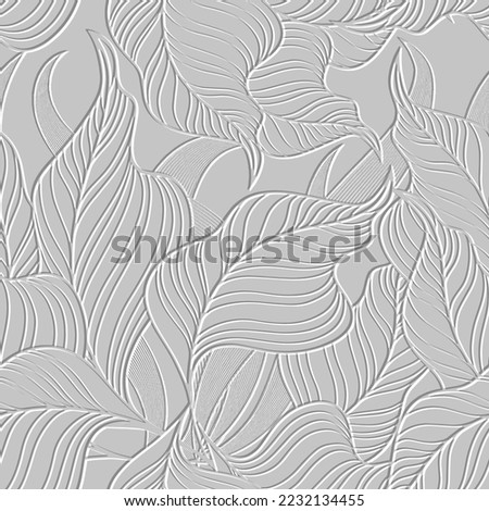 Leafy white 3d lines seamless pattern. Tropical floral background. Repeat textured white vector backdrop. Surface emboss leaves. 3d endless ornament with embossing effect. Leafy embossed texture. Royalty-Free Stock Photo #2232134455