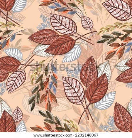 Bright forest leaves painting in watercolor. Autumn seamless pattern for decor on cream background.