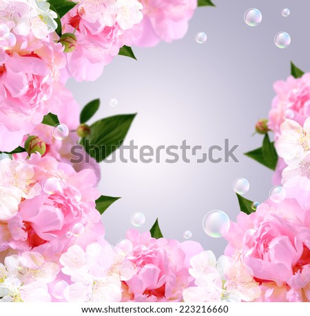 Card with peony, white flowers and bubbles  