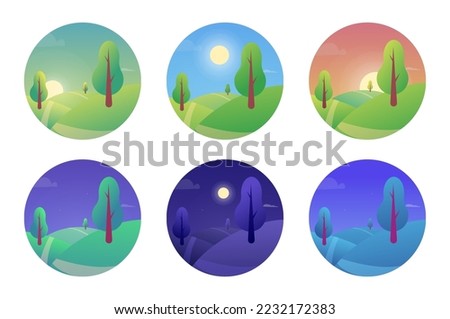 Day and night landscape. Morning dawn. Afternoon and evening sky. Sun light gradient. Dusk and sunset. Wild hills meadow with trees. Nature panoramas set. Vector illustration recent icons Royalty-Free Stock Photo #2232172383