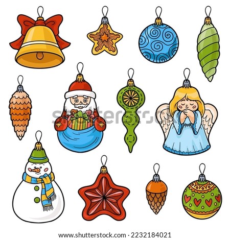 Christmas tree set of cartoon decorations isolated on white background. Vector cute illustration of winter Holidays items. Santa Claus, angel, balls and stars