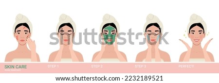 Acne treatment steps vector cartoon illustration. Young beautiful asian woman applying a mask in her bathroom. Girl with hair wrapped in a towel takes care of her skin. Cosmetology clip art.  