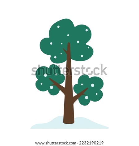 Hand Drawn winter tree with snow in green flat vector design illustration for clip art for garden park and forest isolated on white background