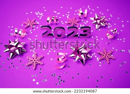 Christmas, winter, new year concept. Merry Christmas and Happy New Year. Christmas, winter, new year concept. Holiday. Happy New Year 2023 poster. Christmas background with big gold 2023 numbers.