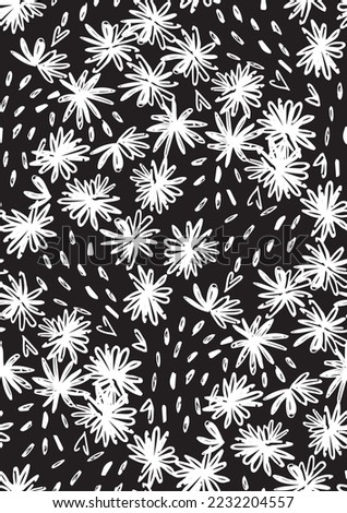 Seamless pattern with hand drawn flower, leafs and petals in black and white. Vector graphic illustration for fashion t shirt, textile design, all over printing. Grunge block stamped style