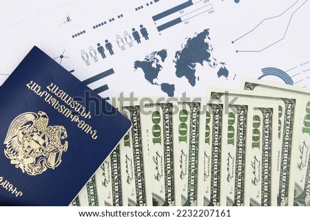 Us money passport lying on financial statistics graphics.
