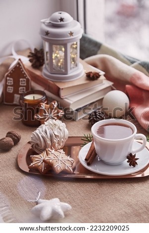 Cozy winter atmosphere at windowsill. Aesthetic Christmas window with books, gingerbread cookies, marshmallow, cup of espresso, candle cozy background.