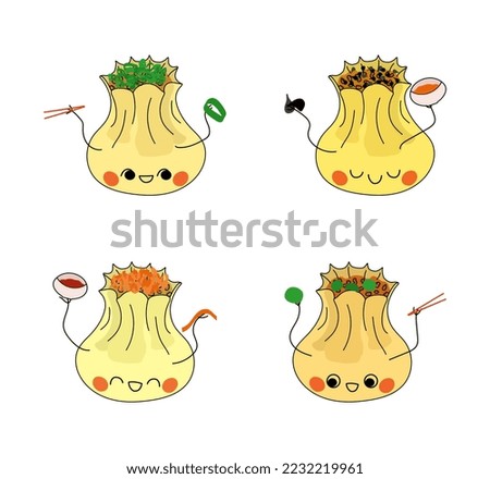 Siu mai dim sum steamed dumpling characters set vector illustration. Four smiled shumai with chopsticks, sauces and decoration in hands. Traditional Chinese food